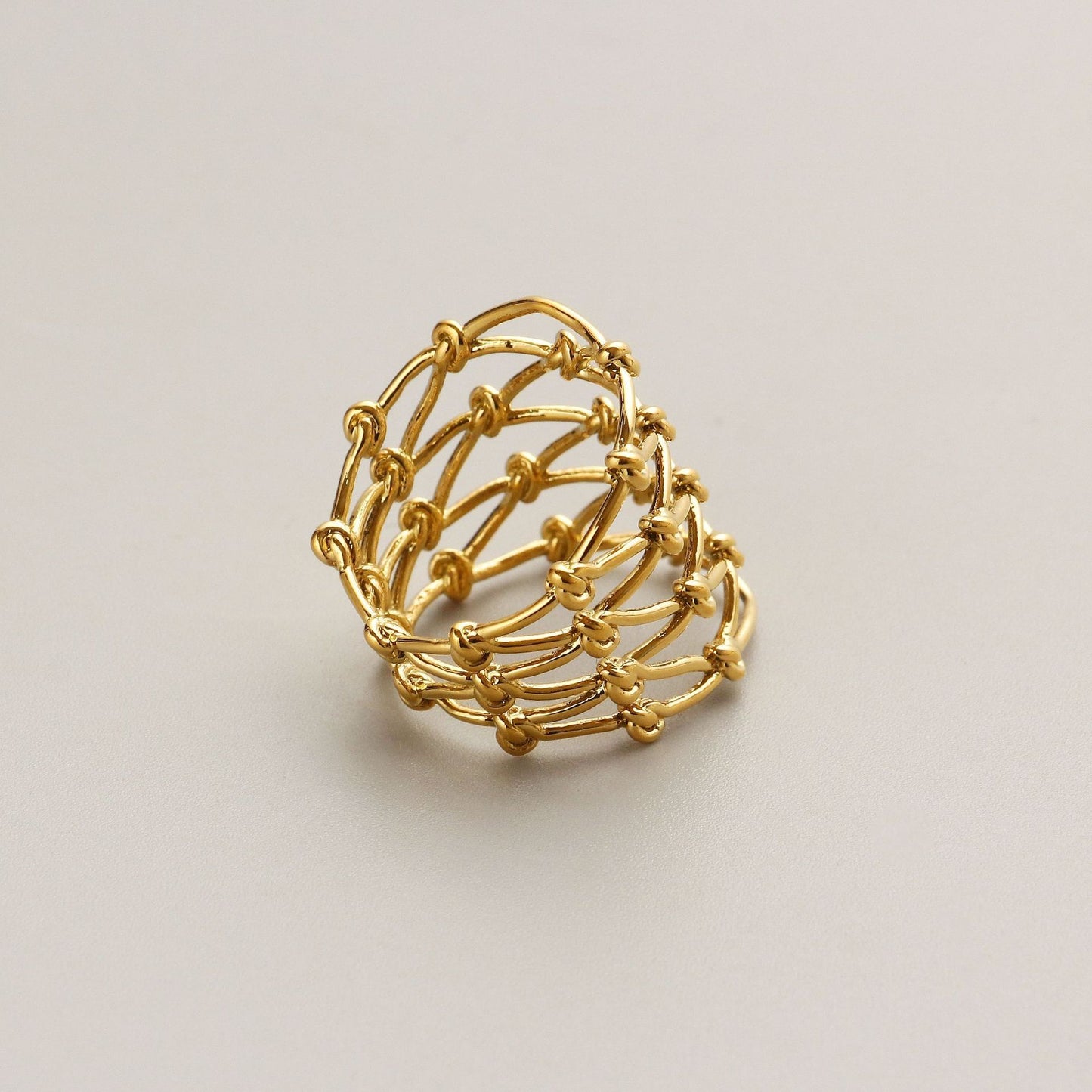 Woven Knotted Wide Face Ring For Women Geometric Hollow Copper Base 18K Gold Plated Finish Elegant Design Chic