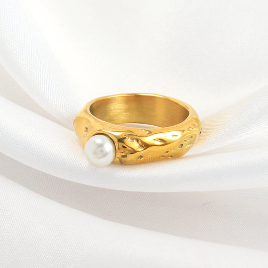 Unisex Gold Plated Ring with Round Surface and Inlaid Pearl Stainless Steel Band for Men or Women Fashion Jewelry