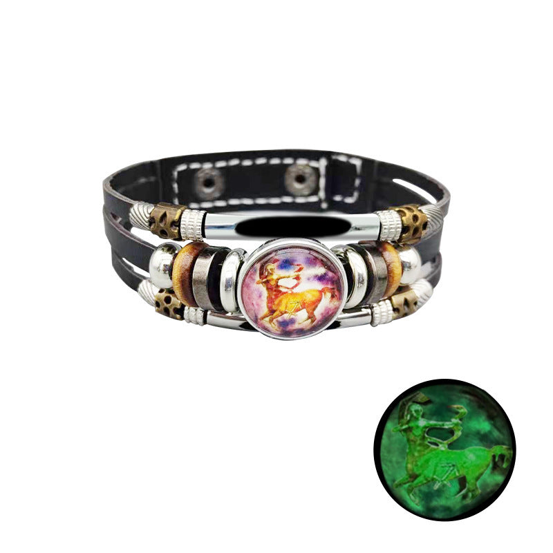 Unisex Retro Leather Bracelet Constellation Luminous Zodiac Sign Alloy Inlay Vintage Jewelry Gift Perfect Gift