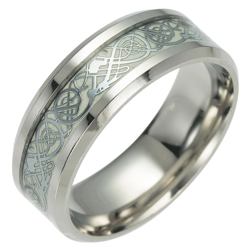 Unisex Titanium Steel Ring With Luminous Dragon Pattern European American Style Travel Gift Band Men And Women
