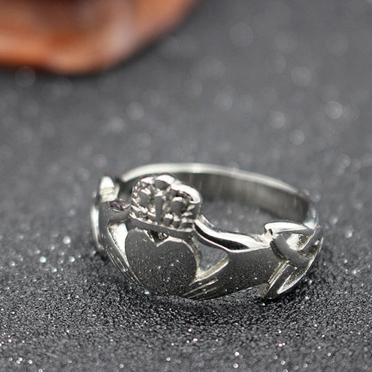 Men's Vintage Titanium Steel Ring with Crown and Heart Design European American Retro Geometric Ring Band Gift for Him Anniversary Jewelry