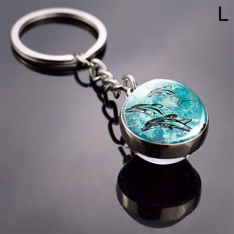 Double Sided Glass Ball Key Ring With Turtle Charm Time Gem