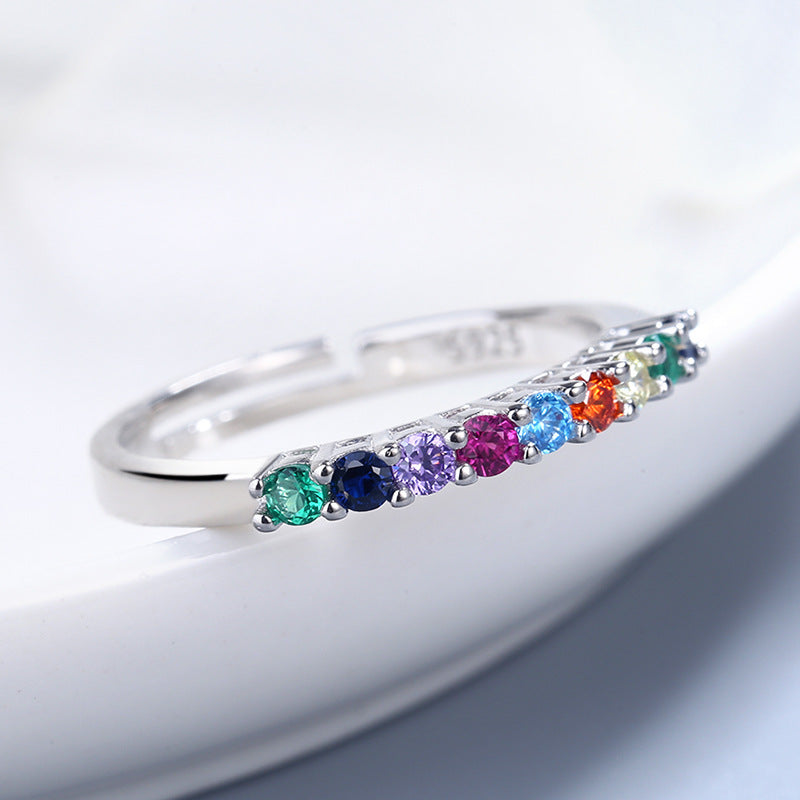 Sterling Silver Ring Inlaid With Colorful Zircon Stones For Women Fashion Jewelry Geometric Ring Travel Design