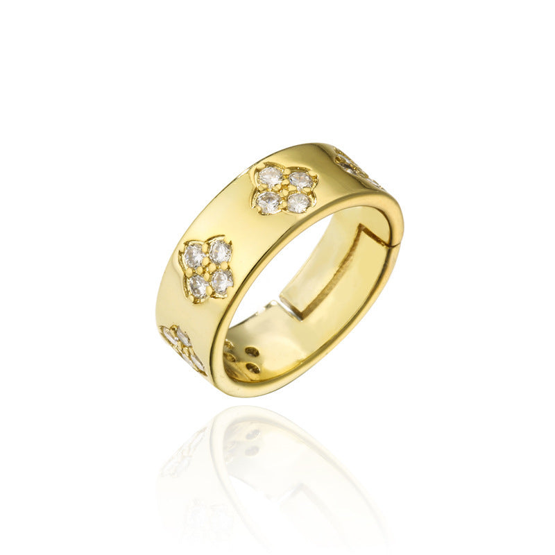 Brass Ring Micro Gold Plated Floral Geometric Design Zircon Embellished Fashion Jewelry For Women Elegant Accessory