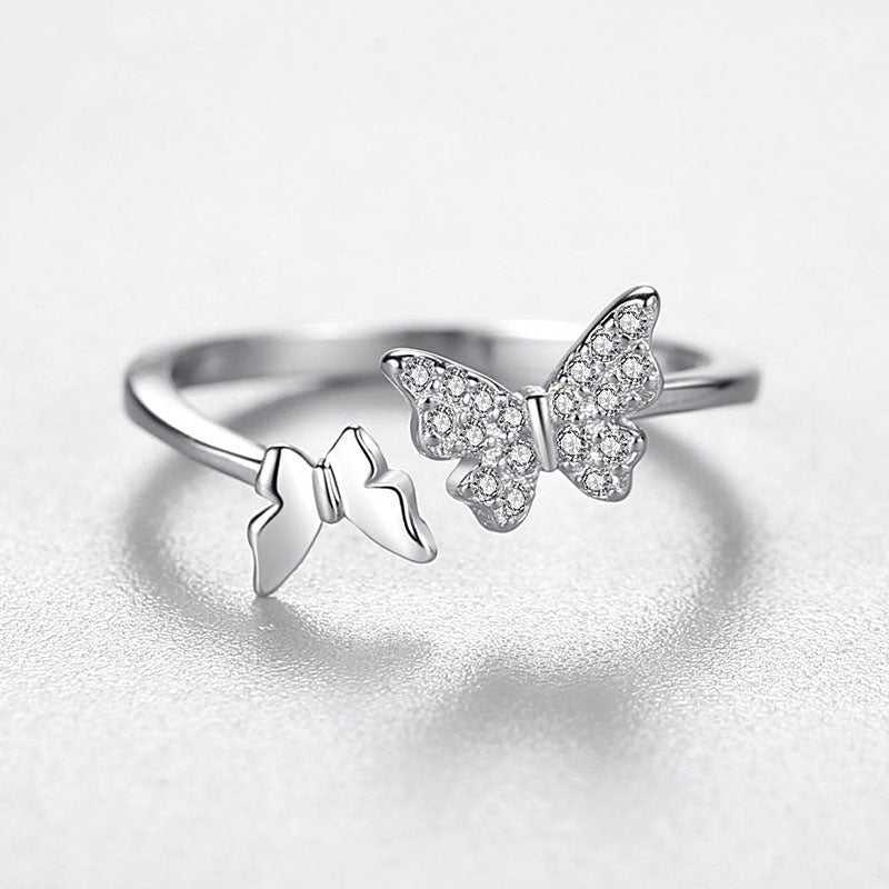 Adjustable Sterling Silver Ring Gold Plated With Inlaid Gems Insect Butterfly Design Fashion Index Finger Ring US5