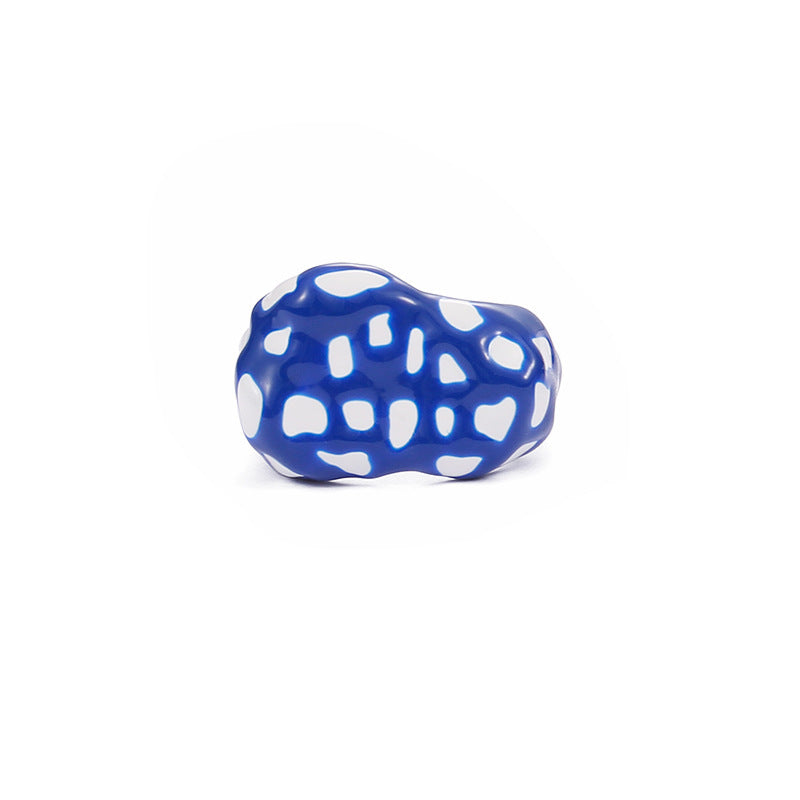Womens Hand Painted Donut Ring Geometric Dripping Oil Alloy Statement Jewelry Blue White Contrast Stylish Look
