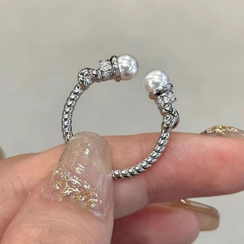 Women's Open Mouth Ring With Double Pearl Copper Ring Electroplating Finish Adjustable Band Jewelry Style Icon