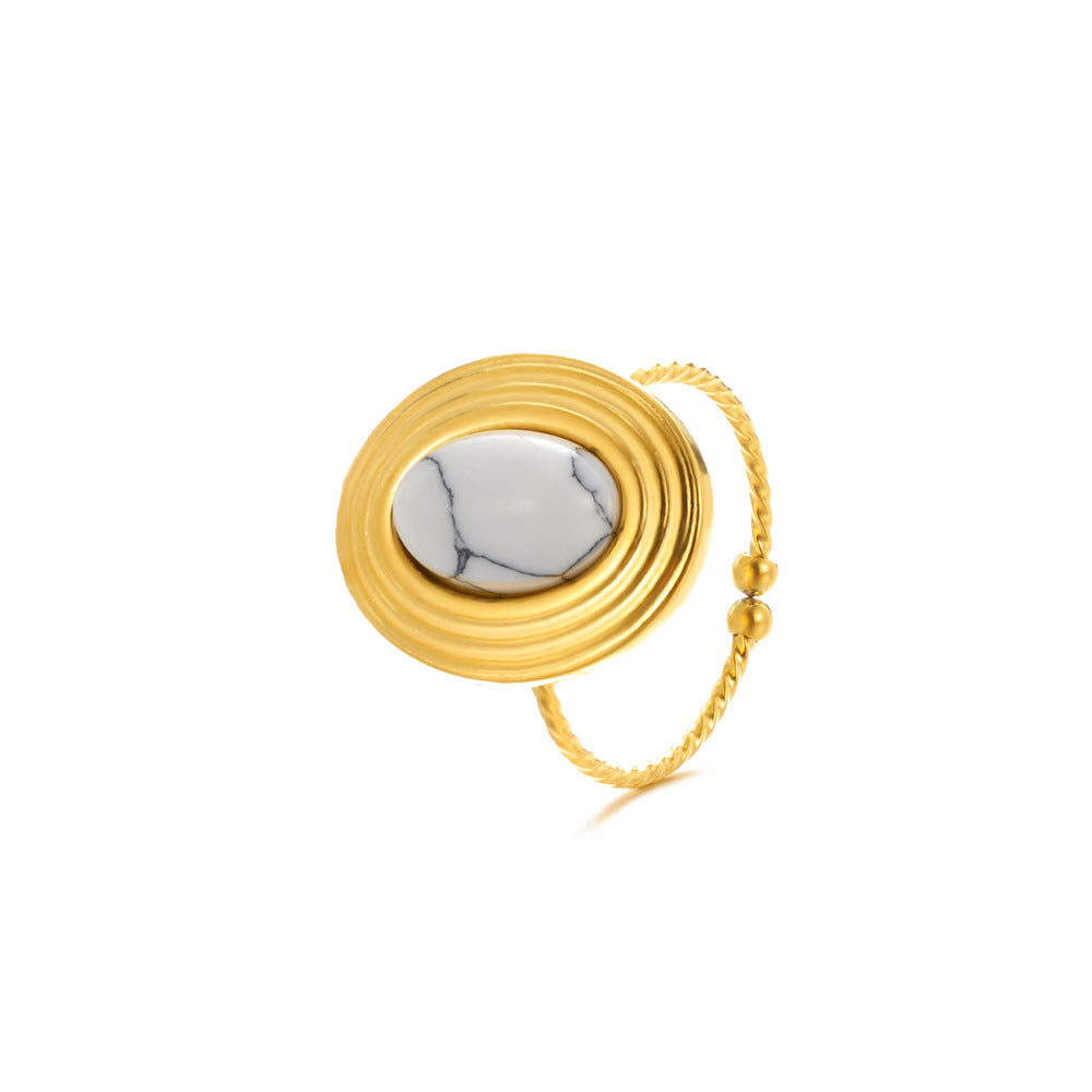 Stainless Steel Ring Turquoise Inlay Geometric Grid Design Electroplated Finish Unisex For Men And Women Trendy