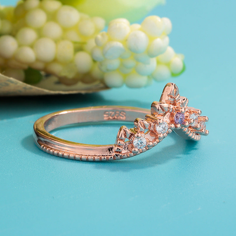 Moonstone Crown Double Ring Set Copper Rose Gold Plated Diamond Accented Elegant Fashion Jewelry For Her Crown