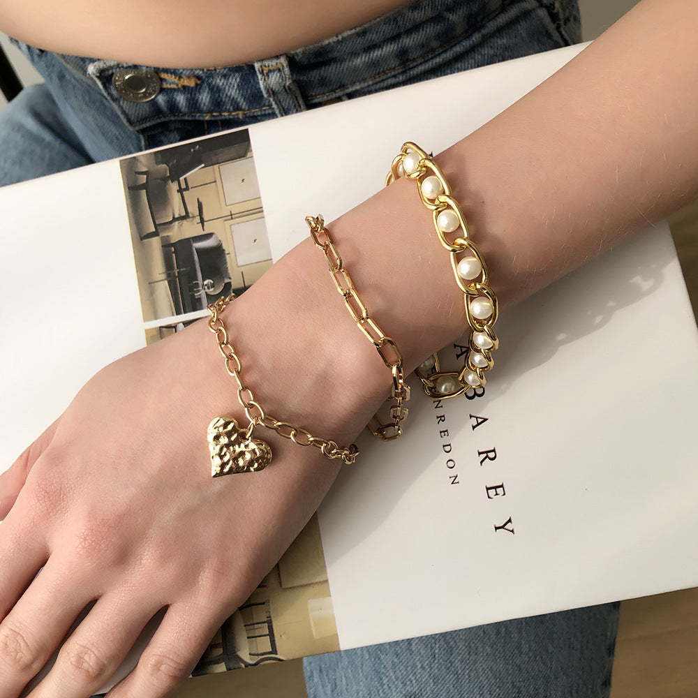 Womens Geometric Bracelet Punk Metal Alloy Bangle Exaggerated Design Imitation Pearl Gold Electroplating Europe