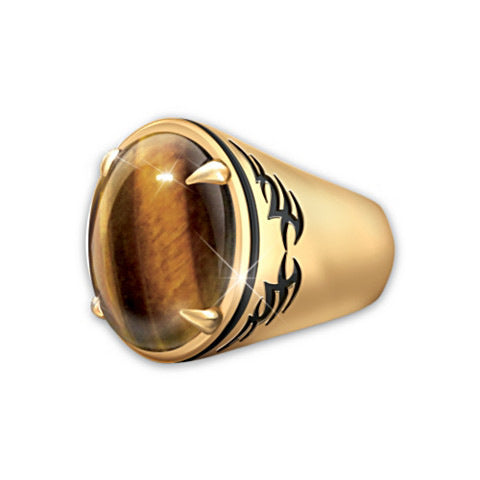 Mens Ring 24K Gold Plated Tiger Eye Stone Animal Zodiac Design Ethnic Metal Alloy Inlaid Gem For Men Style Now