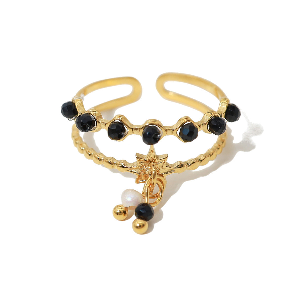 Womens Open Ring with Natural Stone and Tassel Pendant 18K Gold Plated Geometric Titanium Steel Finger Ring Girlish Vacation Jewelry for Women