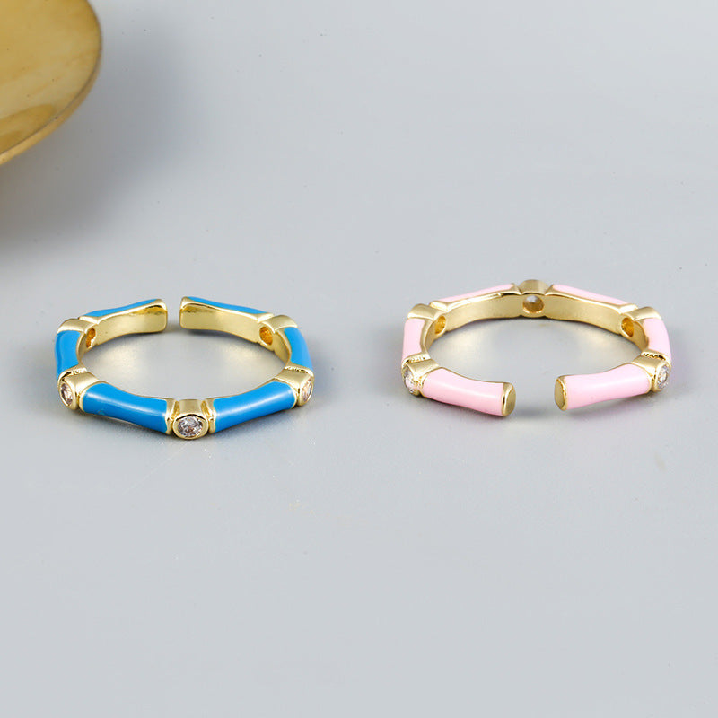 Womens Ring Zircon Set Drip Oil Copper Bamboo Design Adjustable Fashion Accessory Durable Statement Piece Size