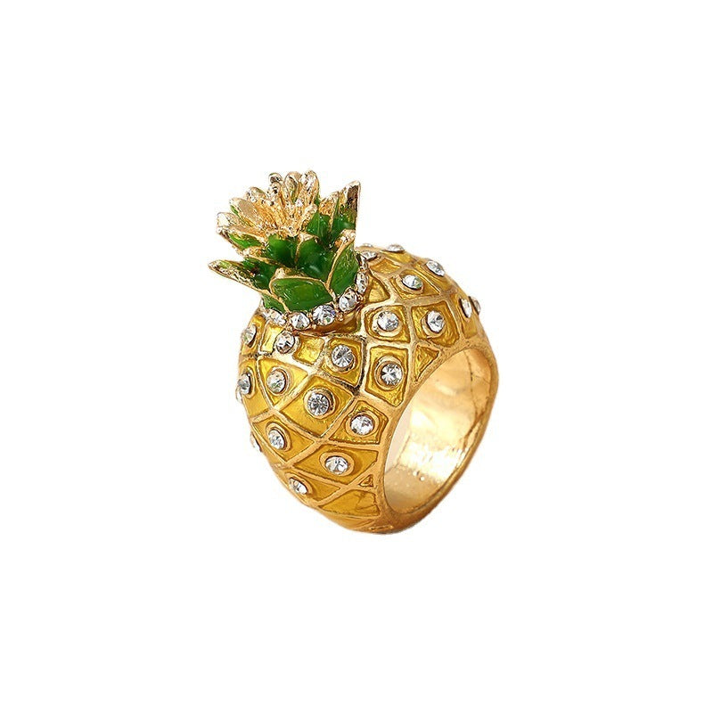 Womens Gold Plated Pineapple Ring 3D Fruit Design Exaggerated Personality Ring Fashion Jewelry Statement Rings