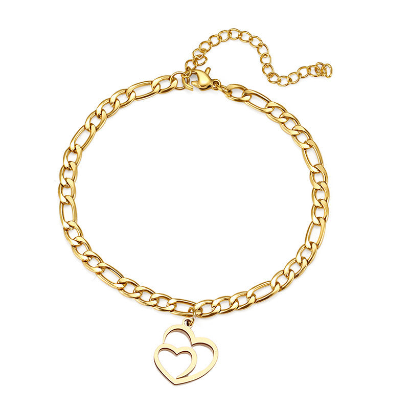 Stainless Steel Vintage Gold Double Heart Charm Figaro Chain Adjustable Bracelet 18cm For Women And Girls Gold