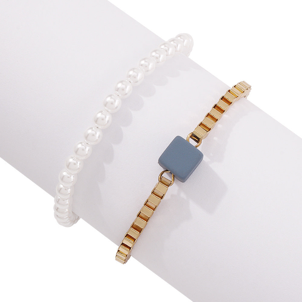 Womens Double Layer Geometric Anklet With Imitation Pearl And Resin Electroplated Gold Finish Size 21 to 27 cm
