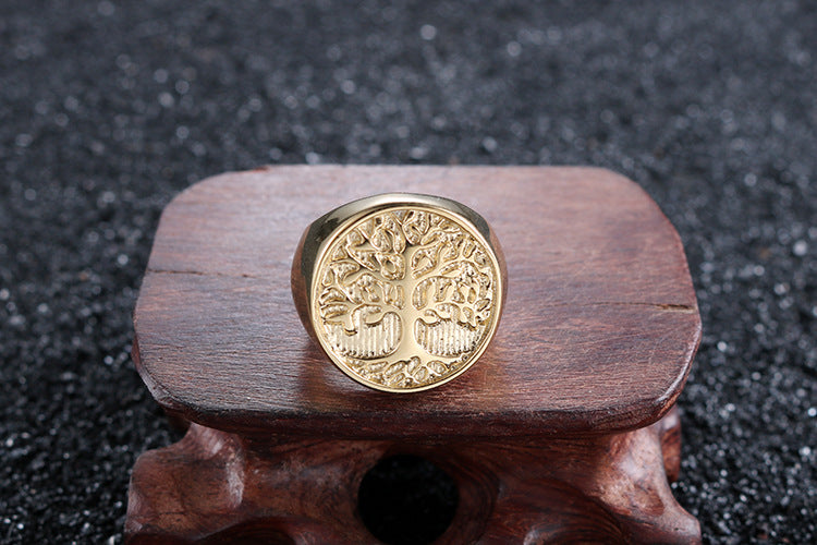 Mens Tree Of Life Ring Geometric Titanium Steel Jewelry Gift For Him Punk Fashion Accessory Retro Style Accent