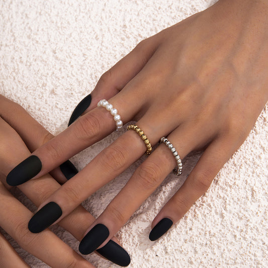 Womens Stacked Ring Set Faux Pearls Bohemian Ethnic Retro Geometrical 3D Decoration Jewelry For Everyday Style