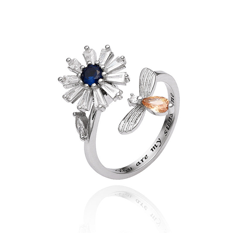 Rotating Sunflower Geometric Silver Ring Electroplated
