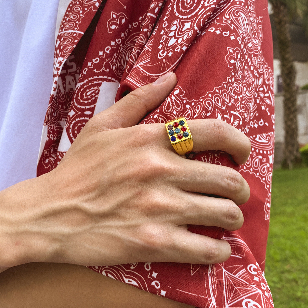 Men Gold Plated Ring Geometric Retro Alloy Jewelry With Rhinestone Inlay Fashion Accessory Gifts For Men Style