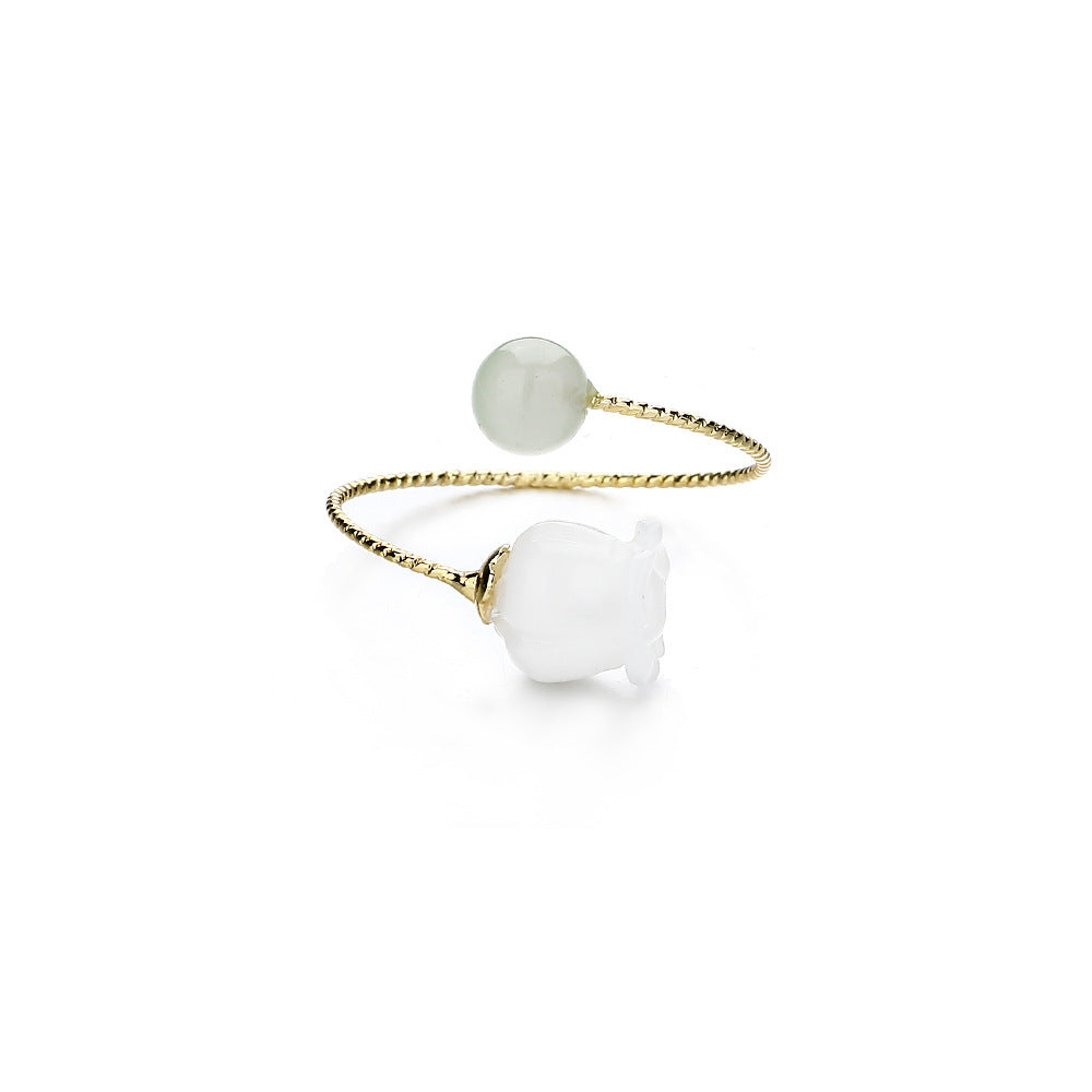 Womens Copper Ring With Hetian Jade Inlay Lily Flower Style Adjustable Open Personalized Ring Elegant Commuter