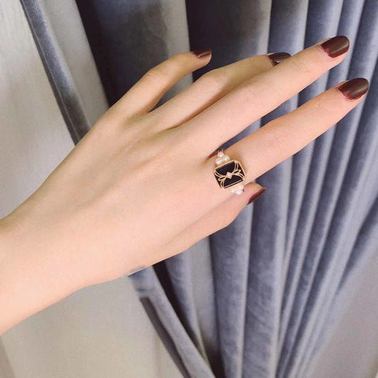 Japanese Korean Retro Geometric Seal Ethnic Ring Copper Black Gold Plated Adjustable Opening Jewelry for Women