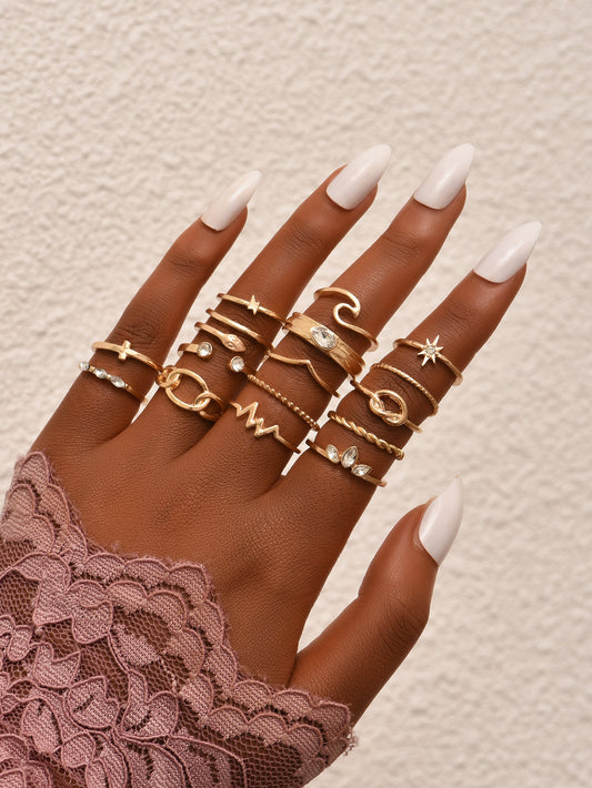 Golden Ring Set For Women And Girls Alloy Wave Cross Knotted Twist Stackable Rings Fashion Jewelry Gold Shines
