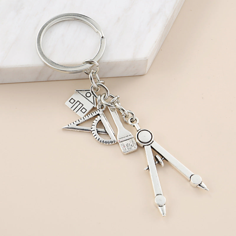 Multifunctional Keychain Tool With Compass Triangle Ruler Calculator Tape Measure Alloy Key Ring Accessories A