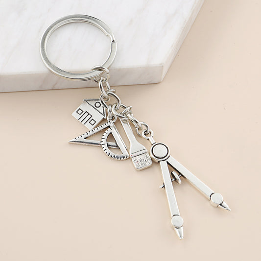 Multifunctional Keychain Tool With Compass Triangle Ruler Calculator Tape Measure Alloy Key Ring Accessories A