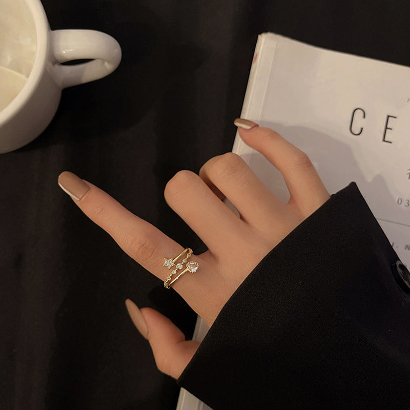 Womens Alloy Ring Diamond Inlaid Love Star Design Adjustable Opening Korean Fashion Jewelry Exquisite Style Everyday
