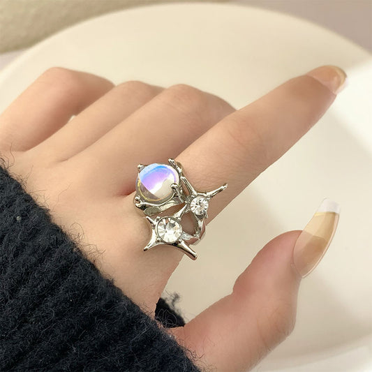 Moonstone Geometric Ring Octagonal Zircon Accent Metal Band Jewelry Gift For Her Elegant Korean Style Gems Now
