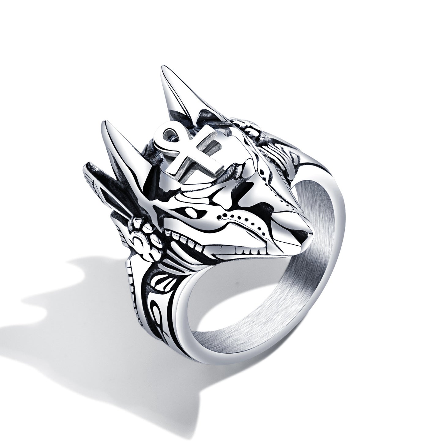 Mens Titanium Steel Ring Vintage Anubis Jackal Head Zircon Inlaid Durable Jewelry Electroplated Gold Tone Gold