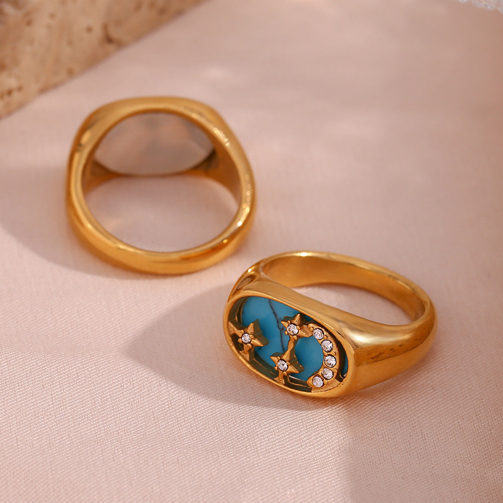 Stainless Steel Ring For Women Moon And Star Design Vintage Oval Signet Jewelry Gift For Her Simple Gleam Gift