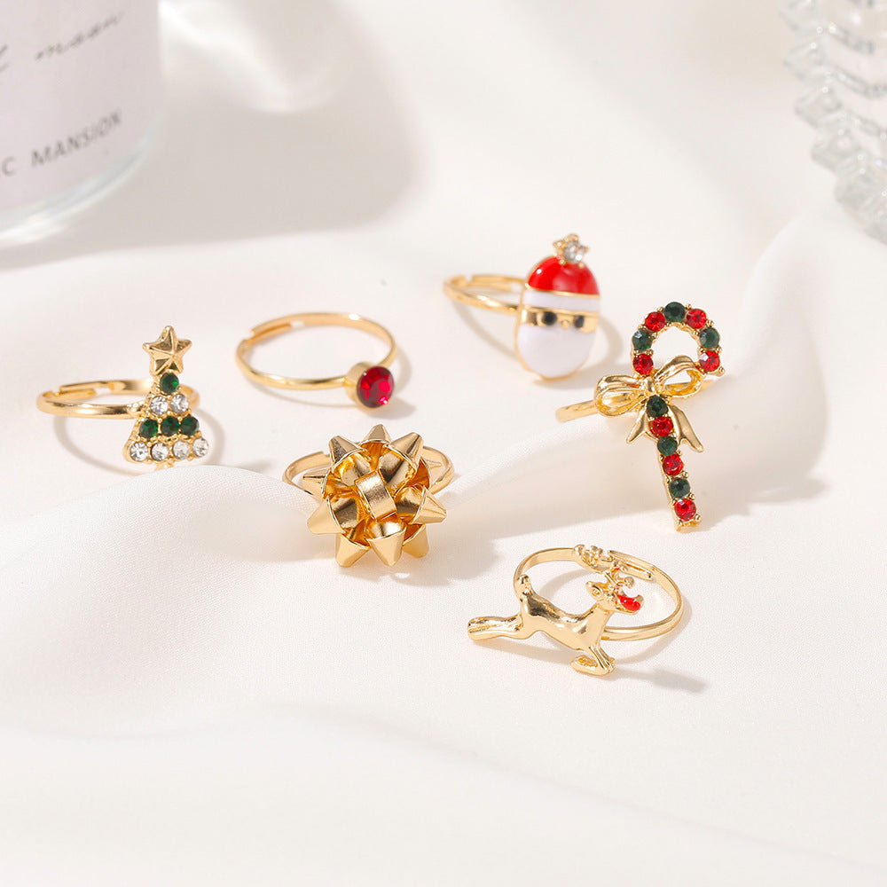 Christmas Rings Set Cartoons Elk Tree Festive Holiday Jewelry Electroplated Alloy European American Six Pieces