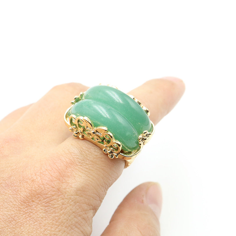 Natural Raw Gemstone Ring Copper Carving U Shaped Setting Pink Crystal Amethyst Green Aventurine Tiger Eye Stone