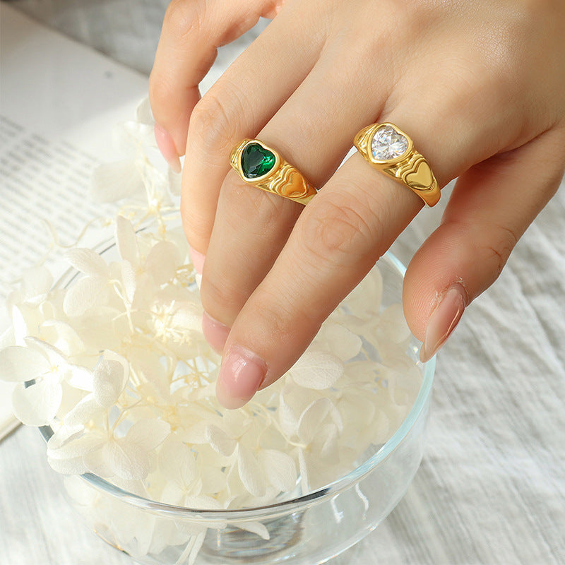 Women Heart Shaped Ring with Glass Stone Crystal Accent Titanium Steel Band Elegant Geometric Design Ideal Gift