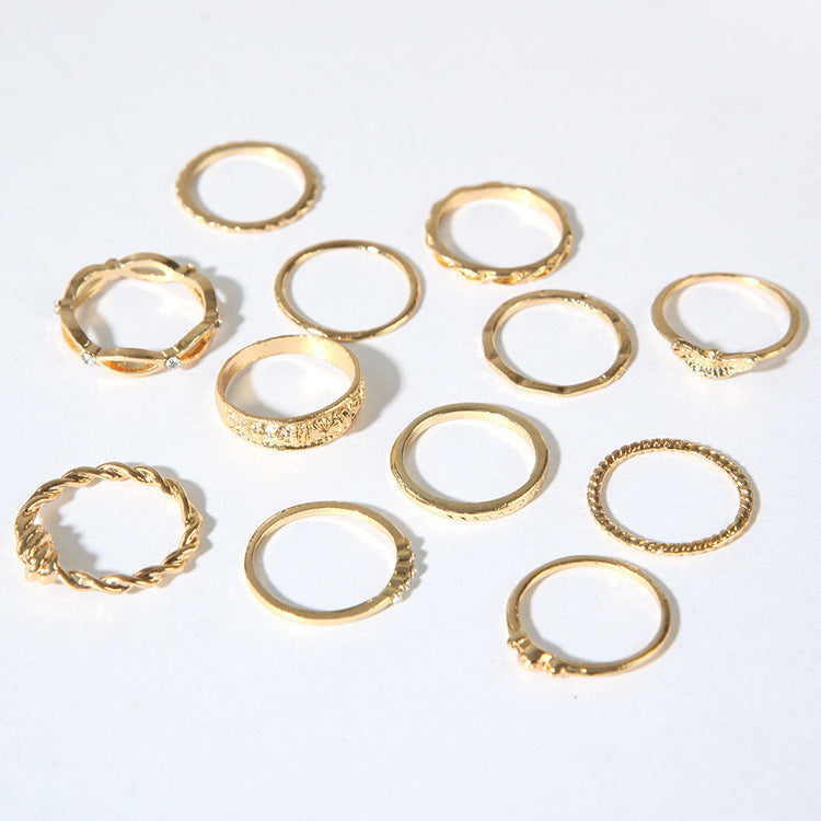 Geometric Diamond Alloy Ring Set Vintage Design 12 Piece Gold Tone Jewelry for Women Classic Vintage Style Fun