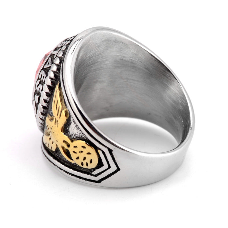 Spreading Wings Eagle Gemstone Ring Stainless Steel Vintage Style Army Ring Gold Plated Inlaid Gems Fine Craft