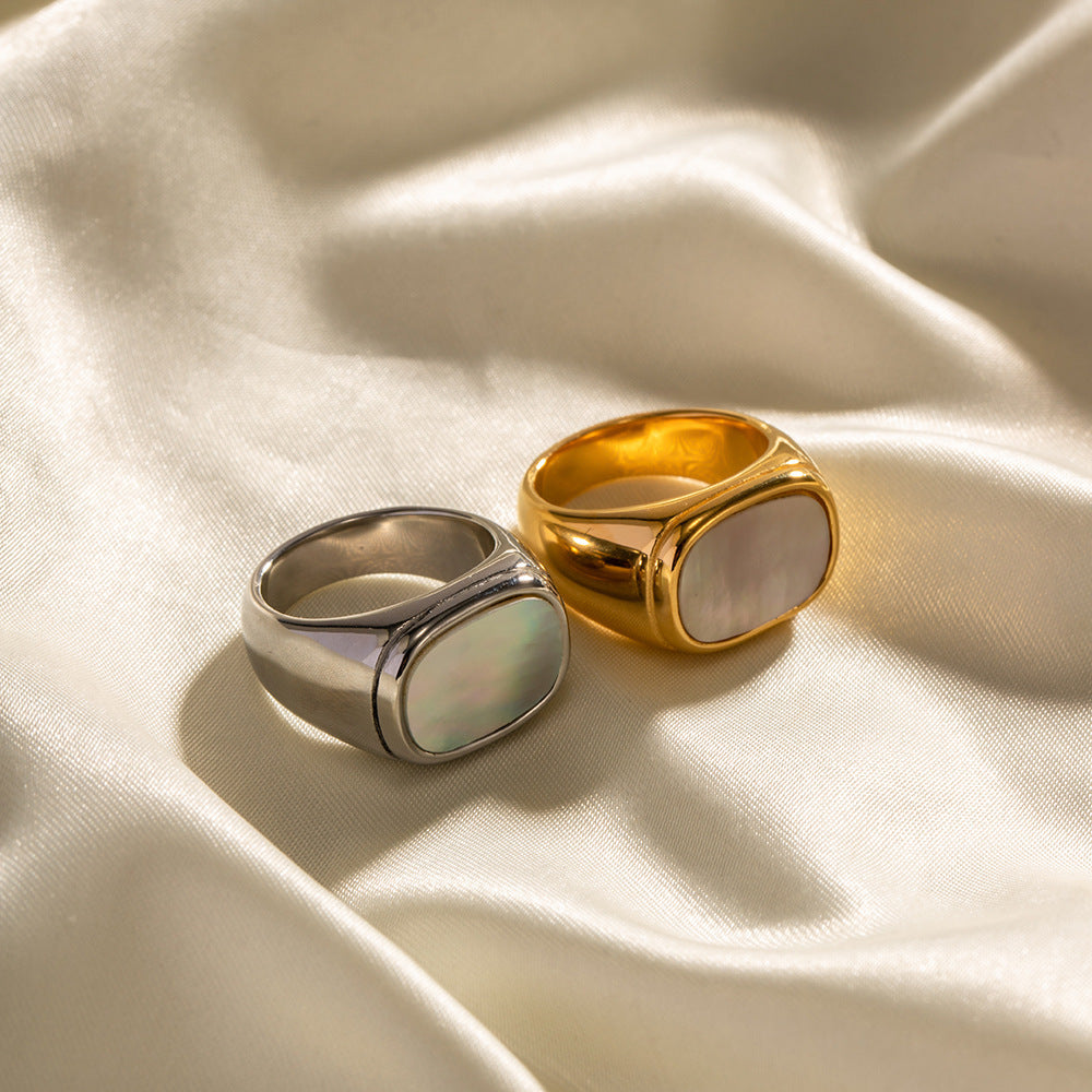 Women's Stainless Steel Ring with Square White Shell 18K Gold Plated Geometric Jewelry Ring for Her