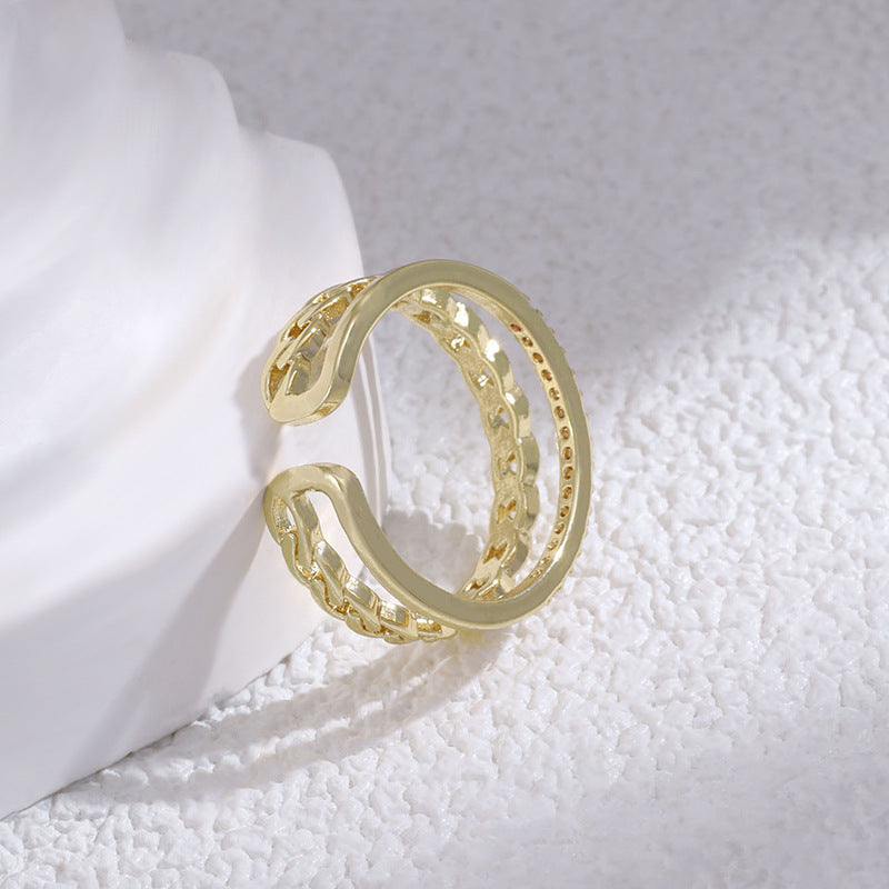 Womens Double Layer Twist Open Ring Diamonds Geometric Copper Gold Plating Ring For Her Elegant Daily Wear Gift Idea