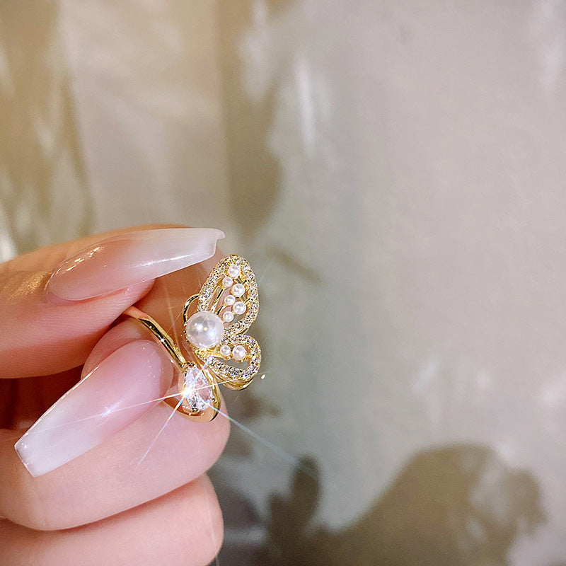 Womens Butterfly Pearl Ring GoldTone Rhinestone Inlaid Copper Alloy Fashion Statement Jewelry Unique Accessory