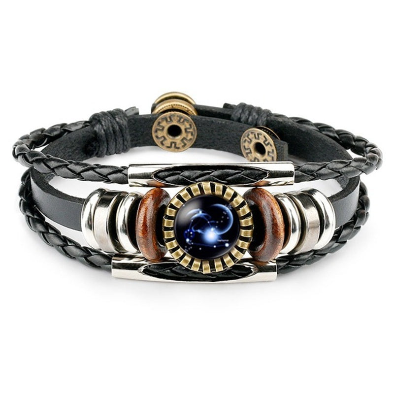 Constellation Zodiac Sign Bracelet Glass Charm Leather Rope Adjustable Vintage Style Unisex Gifts For All Days