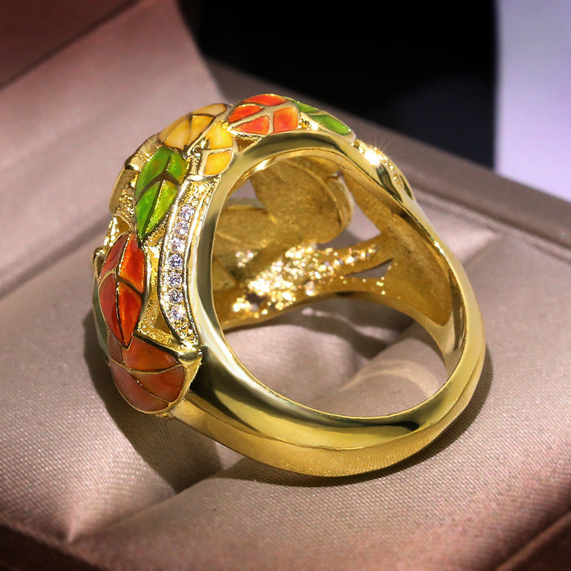 Womens Gold Plated Exaggerated Flower Ring With Inlaid Gemstones Fashion Statement Jewelry For Everyday Wear Now