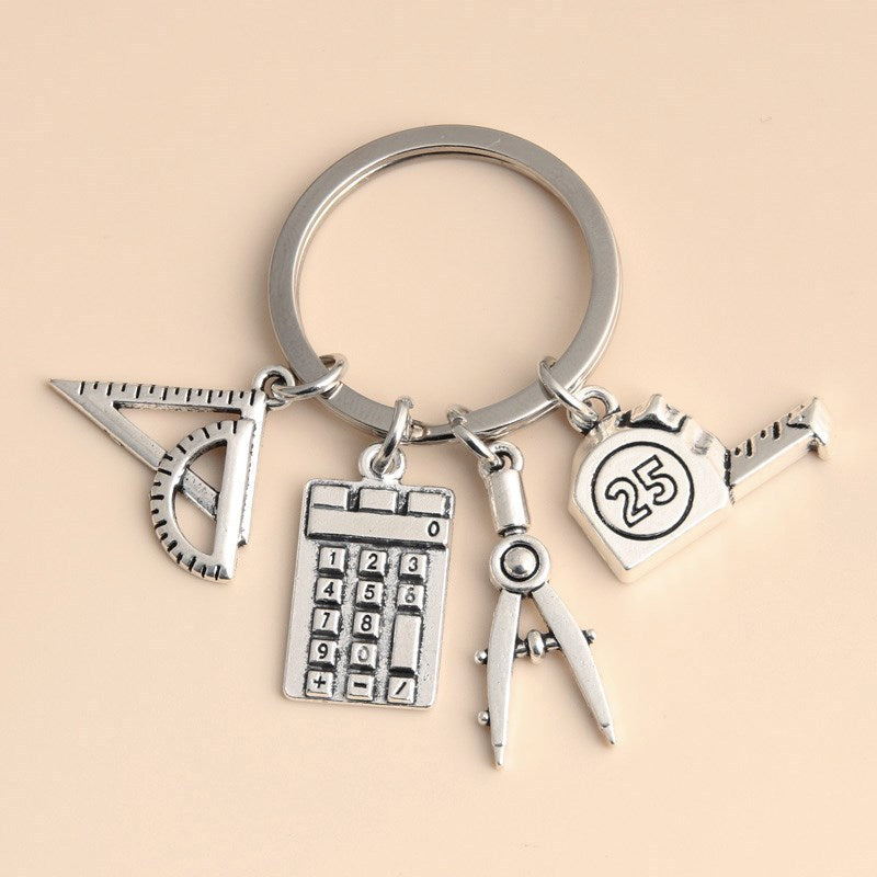 Multifunctional Keychain Tool With Compass Triangle Ruler Calculator Tape Measure Alloy Key Ring Accessories A
