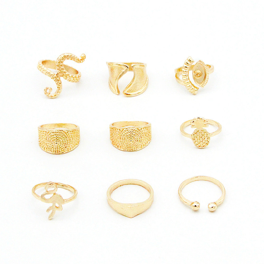 Womens Bohemian Ring Set Ethnic Geometry Alloy Rings Electroplated Pineapple Motif 9 Piece Gift For Trade Gift