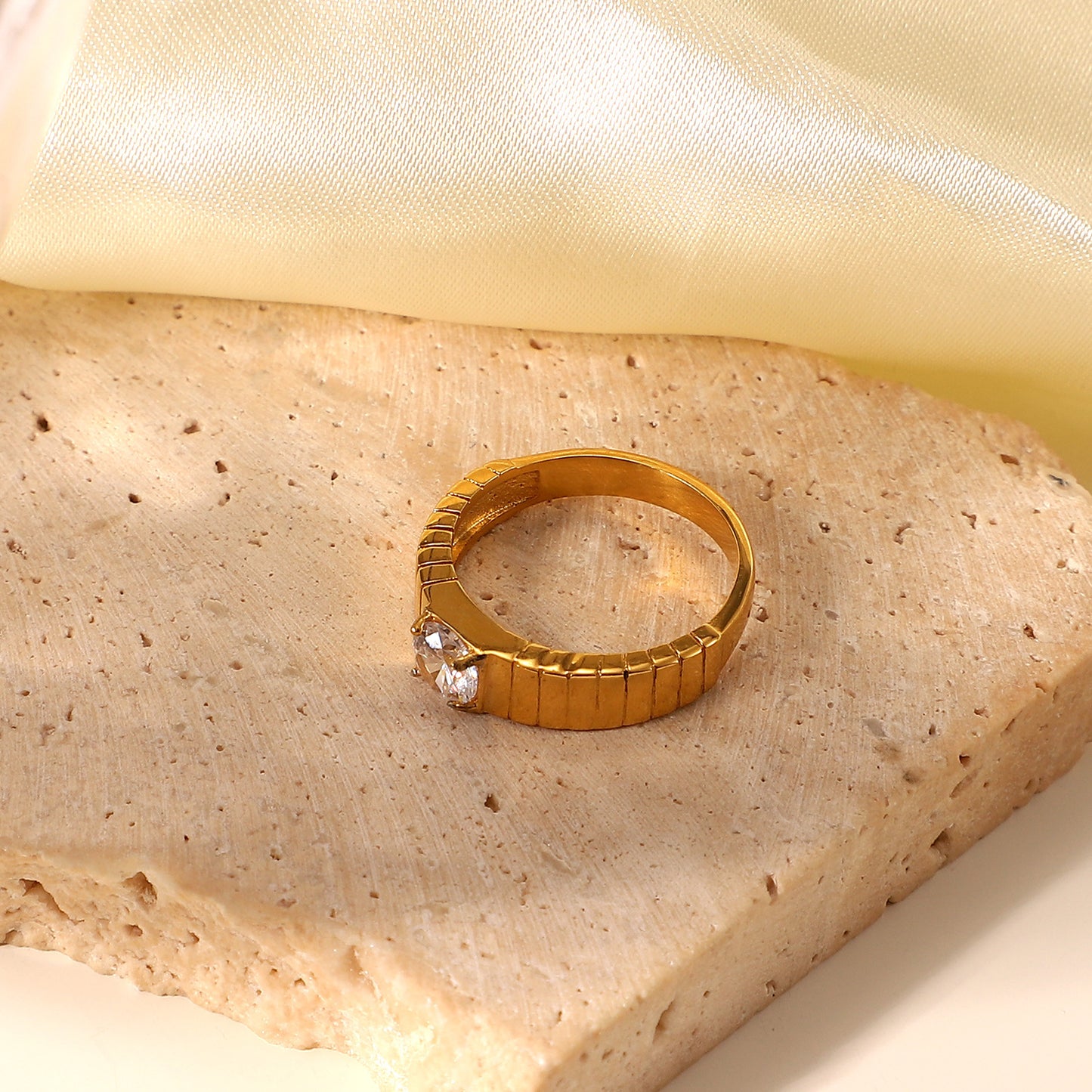 Womens Stainless Steel Rings Striped Band Solitaire Zircon Accent Ring Jewelry Stainless Steel Rings For Women