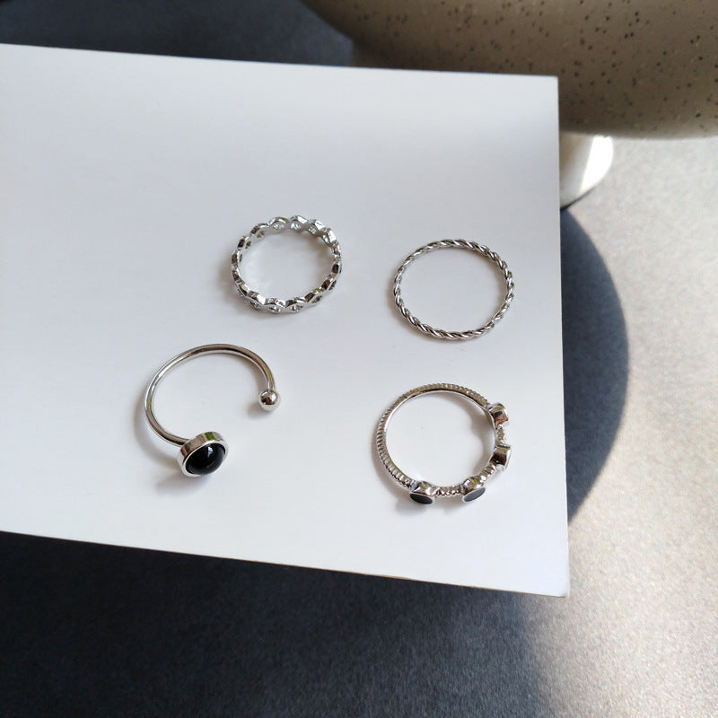 Unisex Alloy Ring Set Four Piece Geometric Rings With Drip Oil Finish Prismatic Ring Threaded Ring And Drop Oil Rings