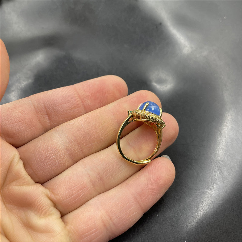 Geometric Inlaid Blue Chalcedony Agate Ring Handmade Polished Fashion Jewelry For Women Elegant Durable Timeless Gift