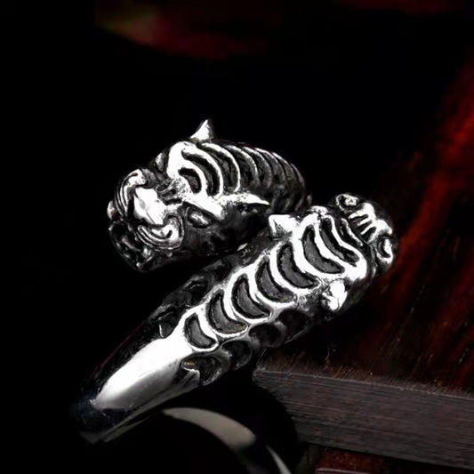 Stainless Steel Mens Tiger Head Ring With Adjustable Opening Animal Pattern Accessory Material Stainless Steel White