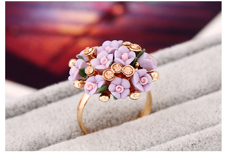 Womens Flower Ring Alloy Inlaid Gems And Semi Precious Stones Floral Design Jewelry For Women Multiple Colors Mix